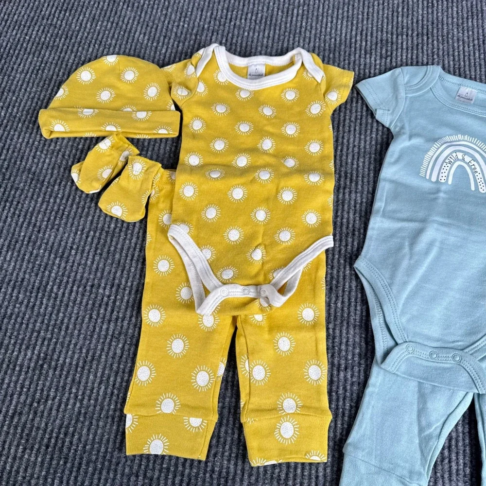The Peanutshell 0-3M Baby Outfit Lot 6pc Sun Rainbow Bodysuits Pants Hat Mittens